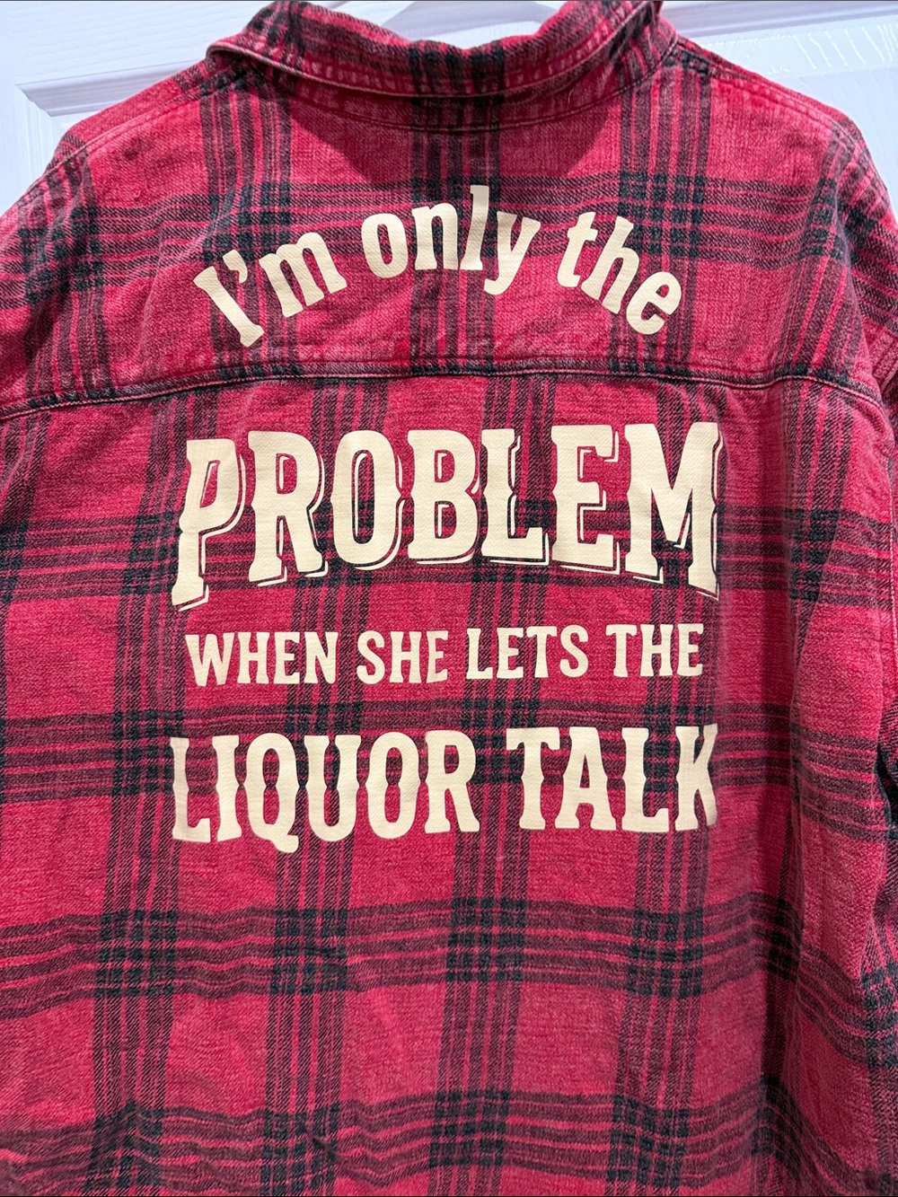 H&M Red Plaid Button-Down Shirt with White Graphic Back Text